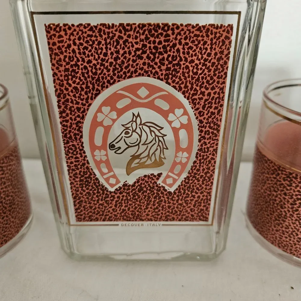 Vintage Glass Decanter‎ Set 4 Matching Burgundy Horse Racing Lo Glasses Barware